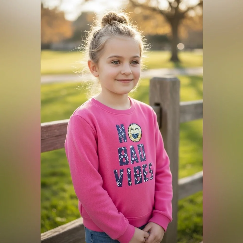 Pink Sweatshirt with No Bad Vibes Graphic and Smiley Face